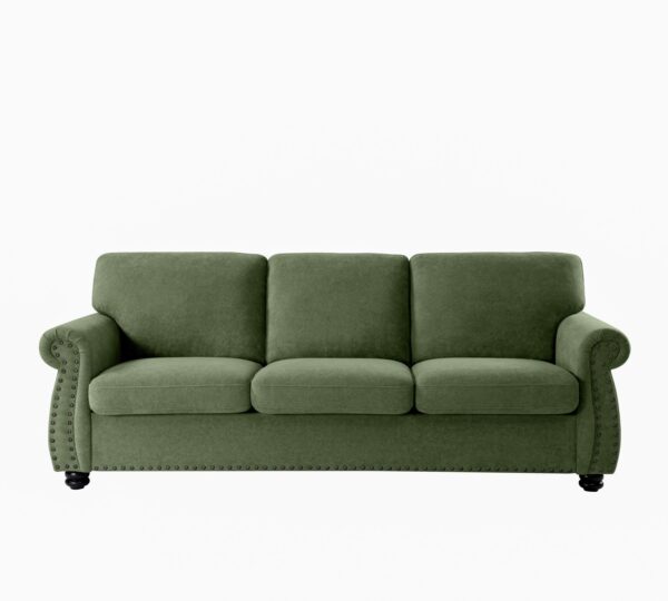 Soft Sofa, Upholstered 3 Seater Couch, Loose Back Cushions And Turned Legs - Green