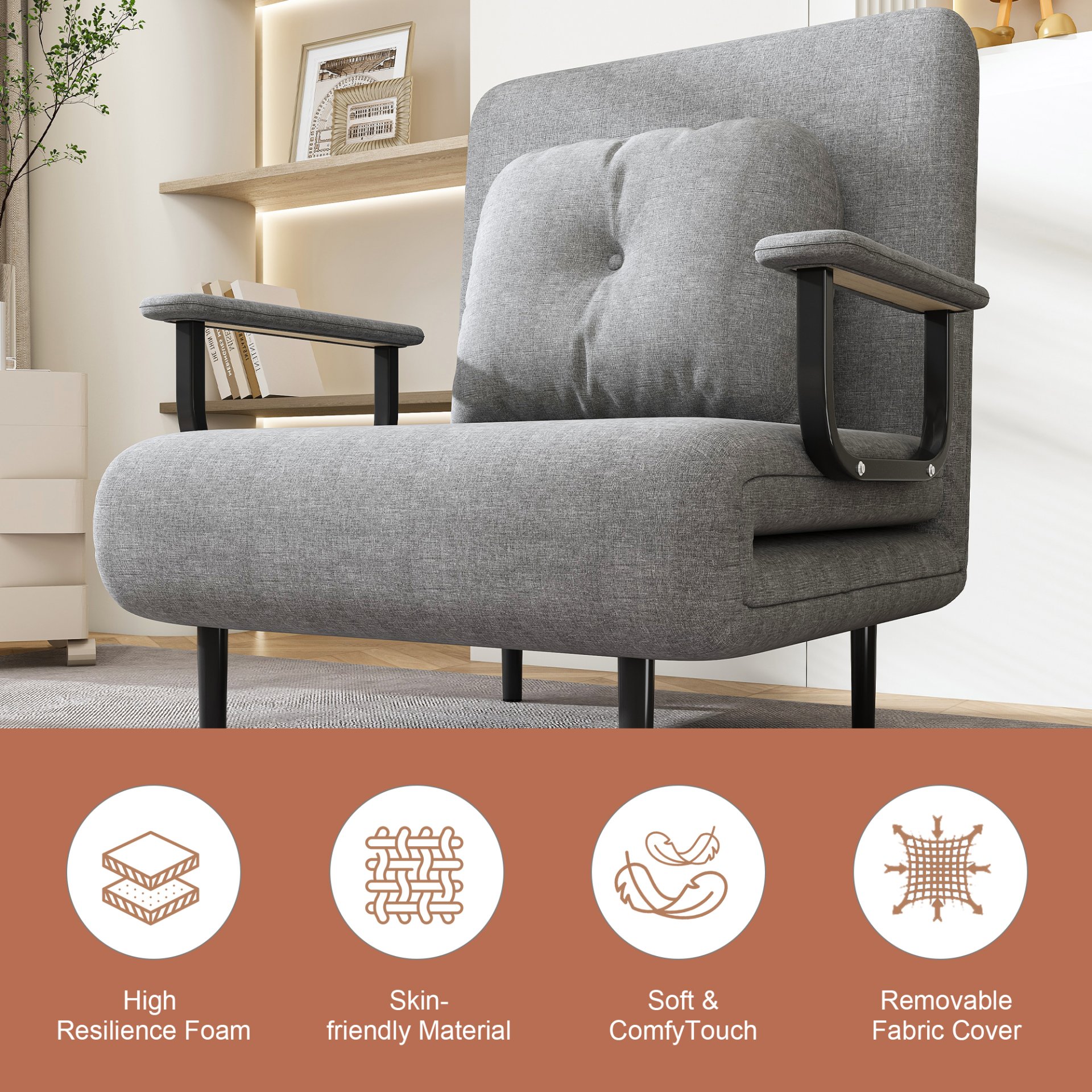 Folding Sofa Bed 5 In 1 Convertible Chair With Adjustable Backrest And Pillow Flannelette - Gray - Image 16