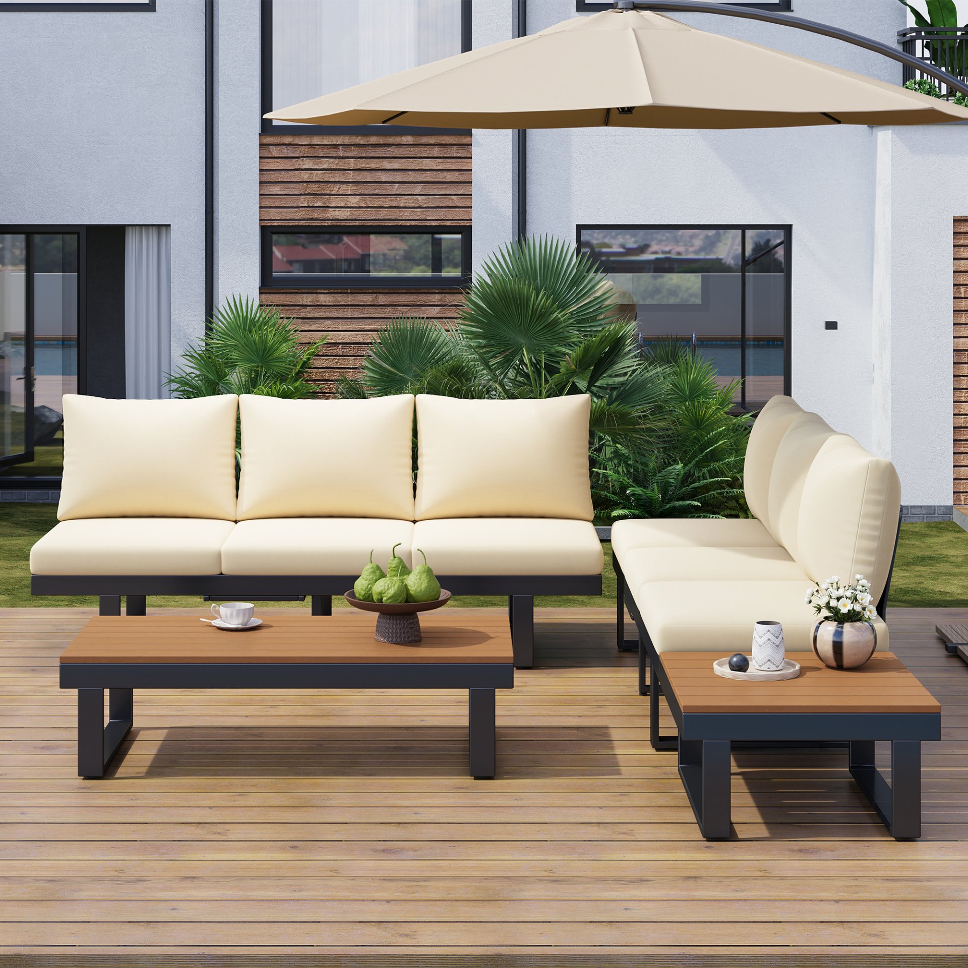 Outdoor Sectional Sofa Set With Adjustable Reclining Seats For Backyard - Beige - Image 15