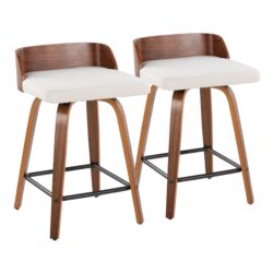 Maya - Mid-Century Modern Fixed Height Counter Stool With Swivel And Square Footrest (Set of 2) - Walnut / Cream