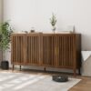 Grille Striped Sideboard Buffet Cabinet With Storage, Multifunctional Accent For Dining Room, Living Room - Walnut - Image 2