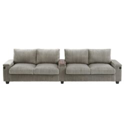 Modern 4 Seater Corduroy Sofa Couch With USB Ports, Hidden Storage Arms, And Flip Top Cup Holders - Brown - Brown