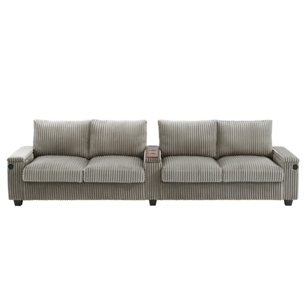 Modern 4 Seater Corduroy Sofa Couch With USB Ports, Hidden Storage Arms, And Flip Top Cup Holders - Brown - Brown