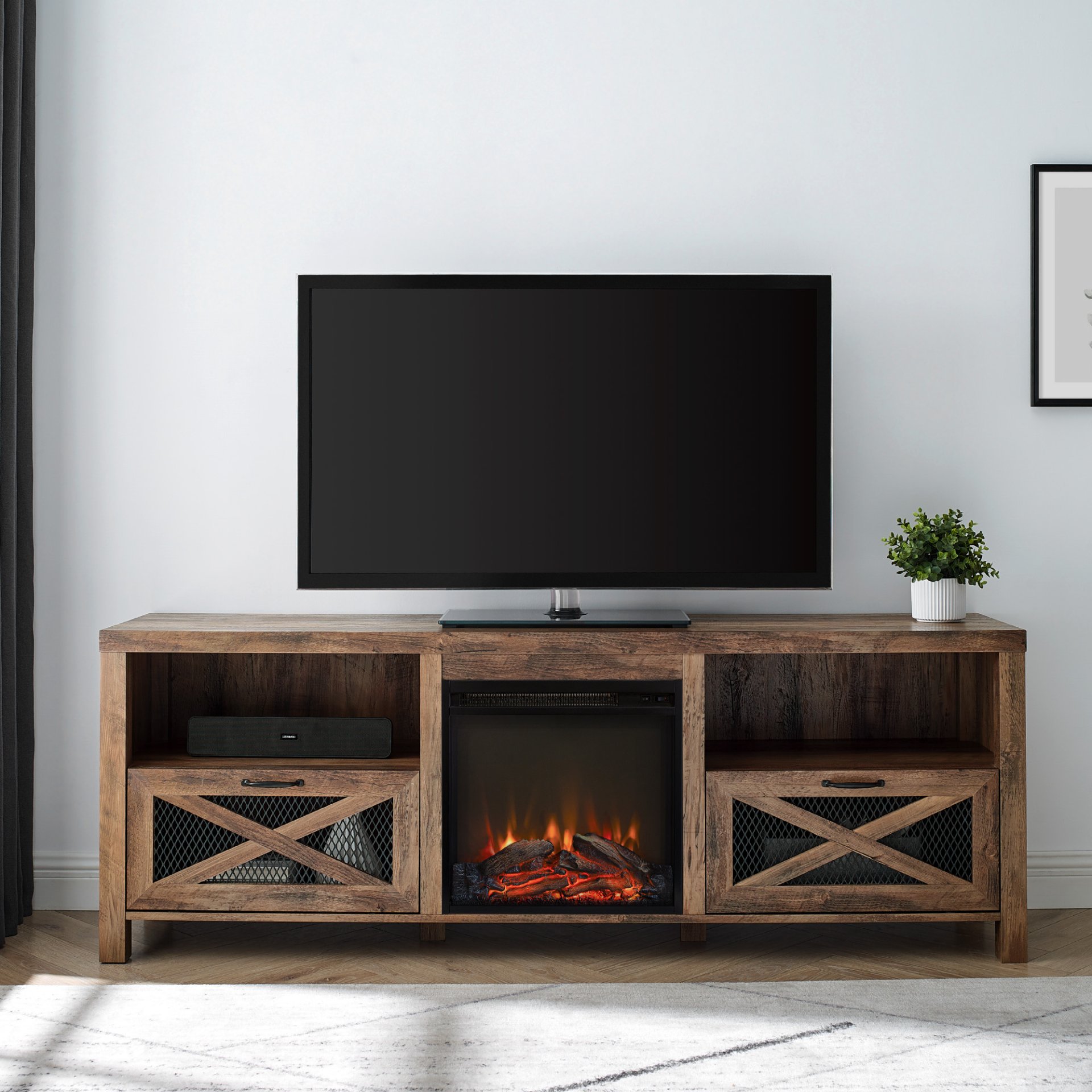 Industrial Farmhouse Metal Mesh Drop Down X Door 70" Fireplace TV Stand For 80" TVs - Rustic Oak - Image 3