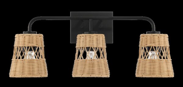 Moonlit - 3 Lights Wall Sconce With Shade, Bathroom Lighting Fixtures Over Mirror - Black / Rattan
