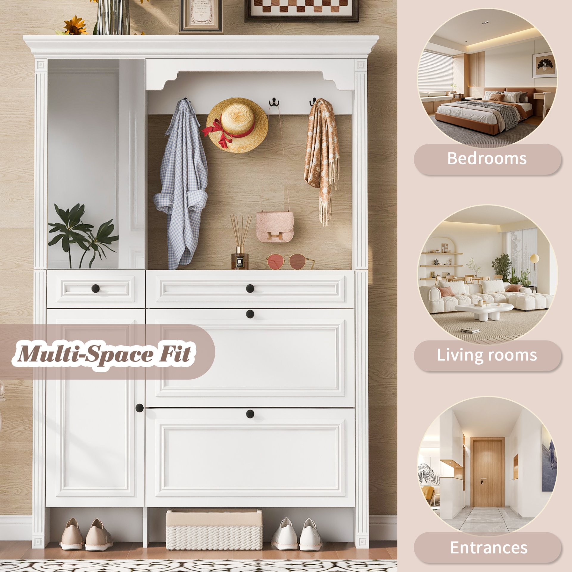 Hall Tree With Integrated Shoe Cabinet And Mirrored Cabinet Door, Coat Hanger, Entryway Bench, 4 In 1 Design, 2 Flip Drawers, 4 Hooks And 2 Cabinets For Entrance, Living Room - White - Image 6