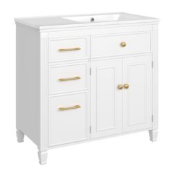 Modern Bathroom Vanity With Ceramic Sink, Freestanding, One Tip - Out Drawer, 3 Side Drawers, Adjustable Shelf - White