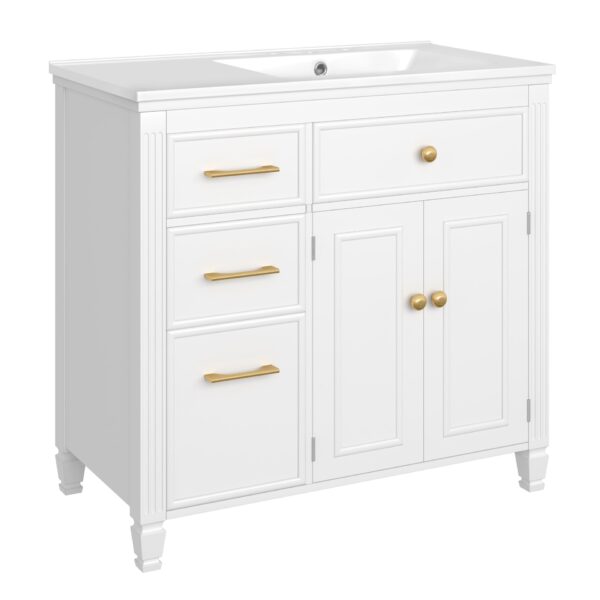 Modern Bathroom Vanity With Ceramic Sink, Freestanding, One Tip - Out Drawer, 3 Side Drawers, Adjustable Shelf - White