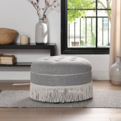 Yolanda - Round Upholstered Accent Ottoman - Light Gray / Ivory