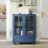 Vintage Buffet Cabinet With Double Glass Doors And Drawer, Storage Sideboard - Blue - Image 22