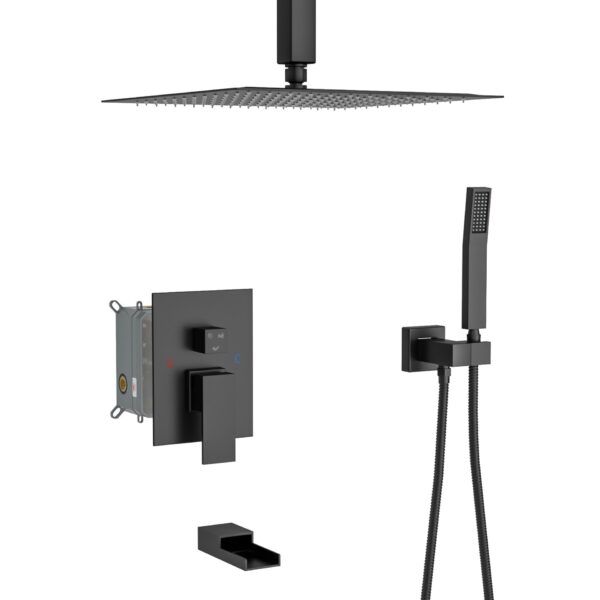 16" Ceiling Mount Square Shower System With Waterfall Tub Spout And Rough In Valve - Matte Black