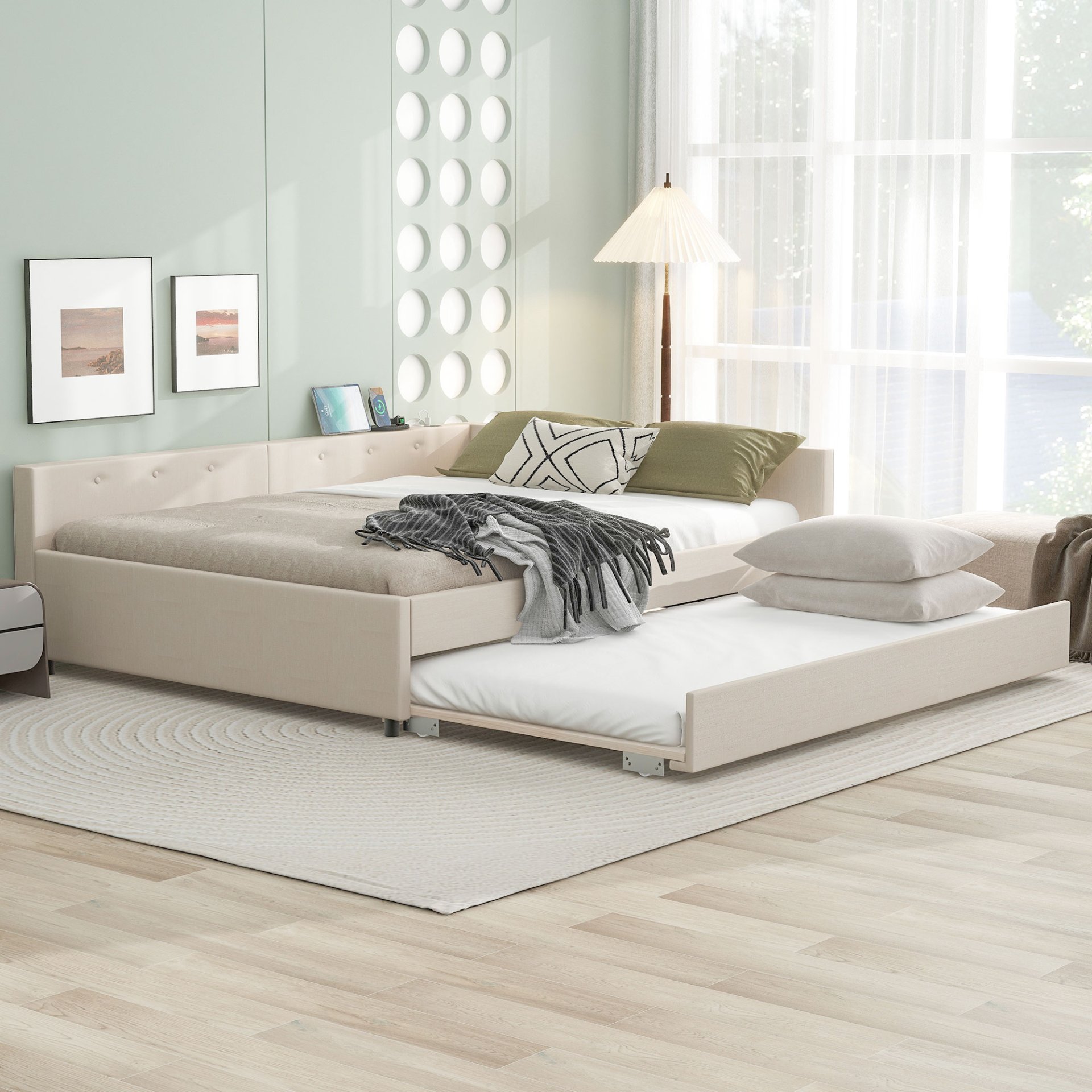 Queen Platform Bed With USB And Twin Trundle - Beige - Image 4