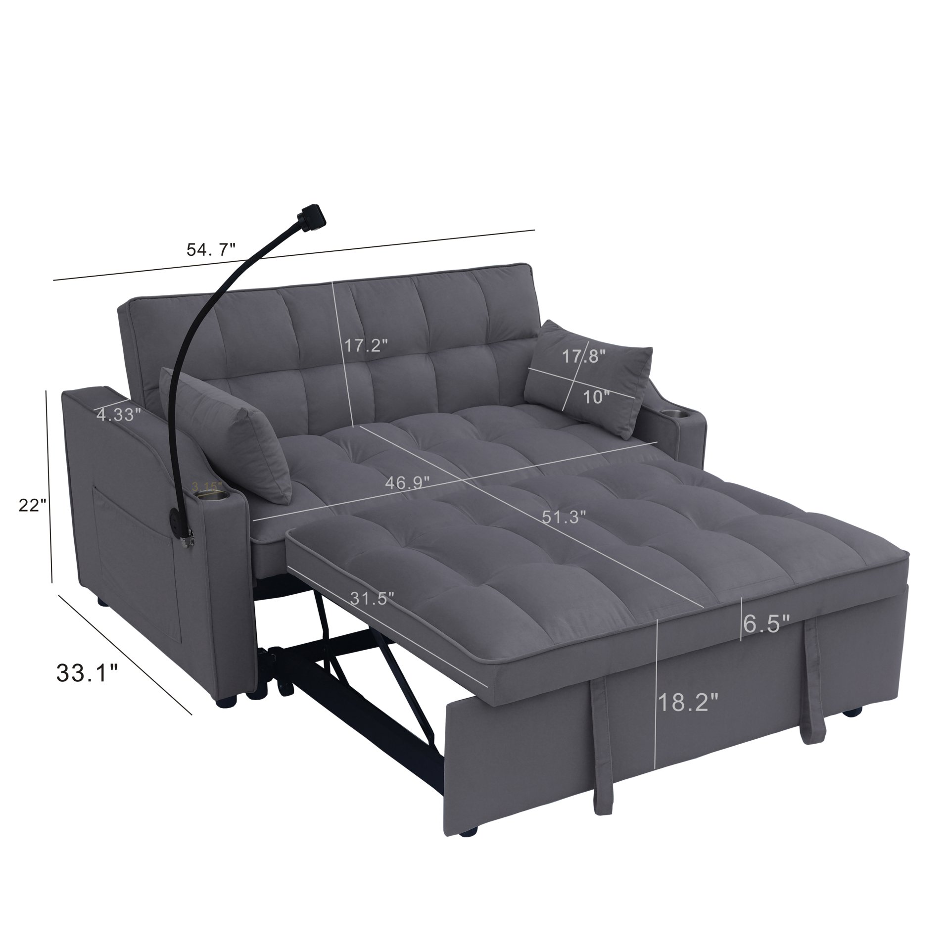 Contemporary Velvet Sofa Bed With Trundle - Charcoal Gray - Image 3