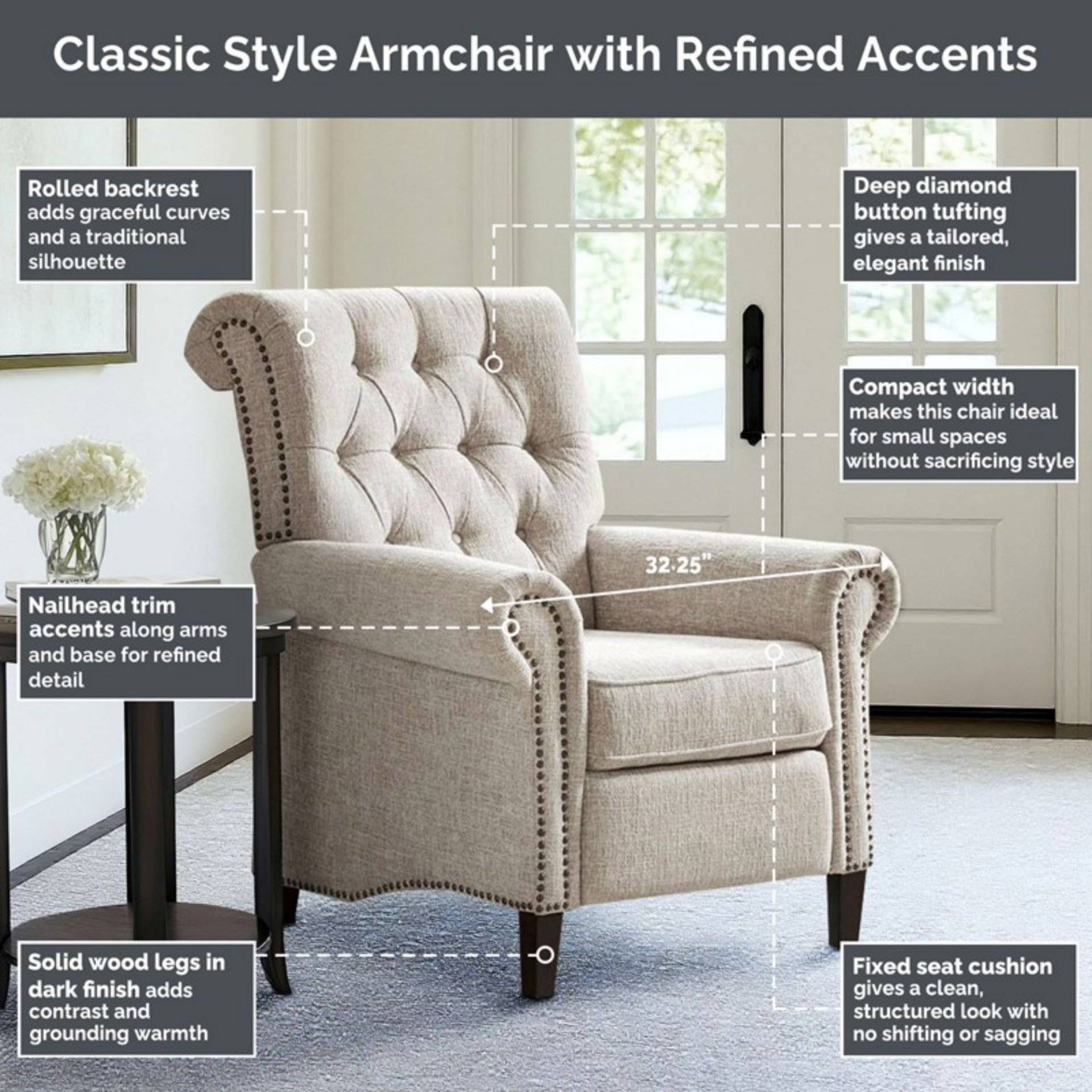 Aidan - Push Back Recliner Chair With Tufted Back And Nailhead Trim - Cream - Image 7