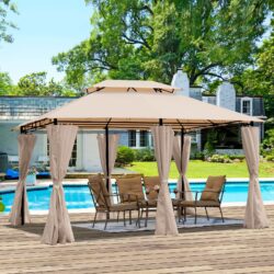 Outdoor Patio Gazebo Canopy Tent With Ventilated Double Roof And Mosquito Net, 13X10 Ft - Khaki