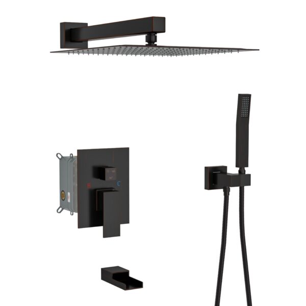 Shower System With Waterfall Tub Spout, 10" Wall Mounted Square Shower System With Rough In Valve - Oil-Rubbed Bronze