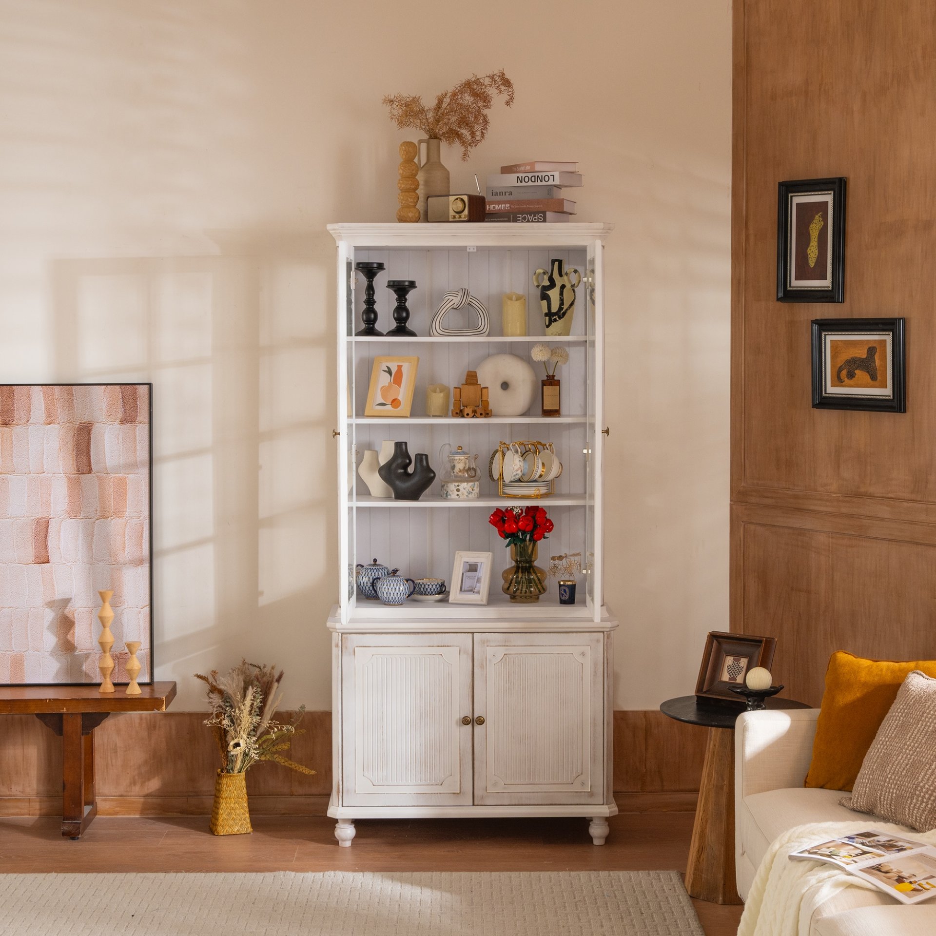 Vintage Display Cabinet With Double Glass Doors, Traditional Style Hutch For Home Or Workspace Washed - White Washed - Image 5