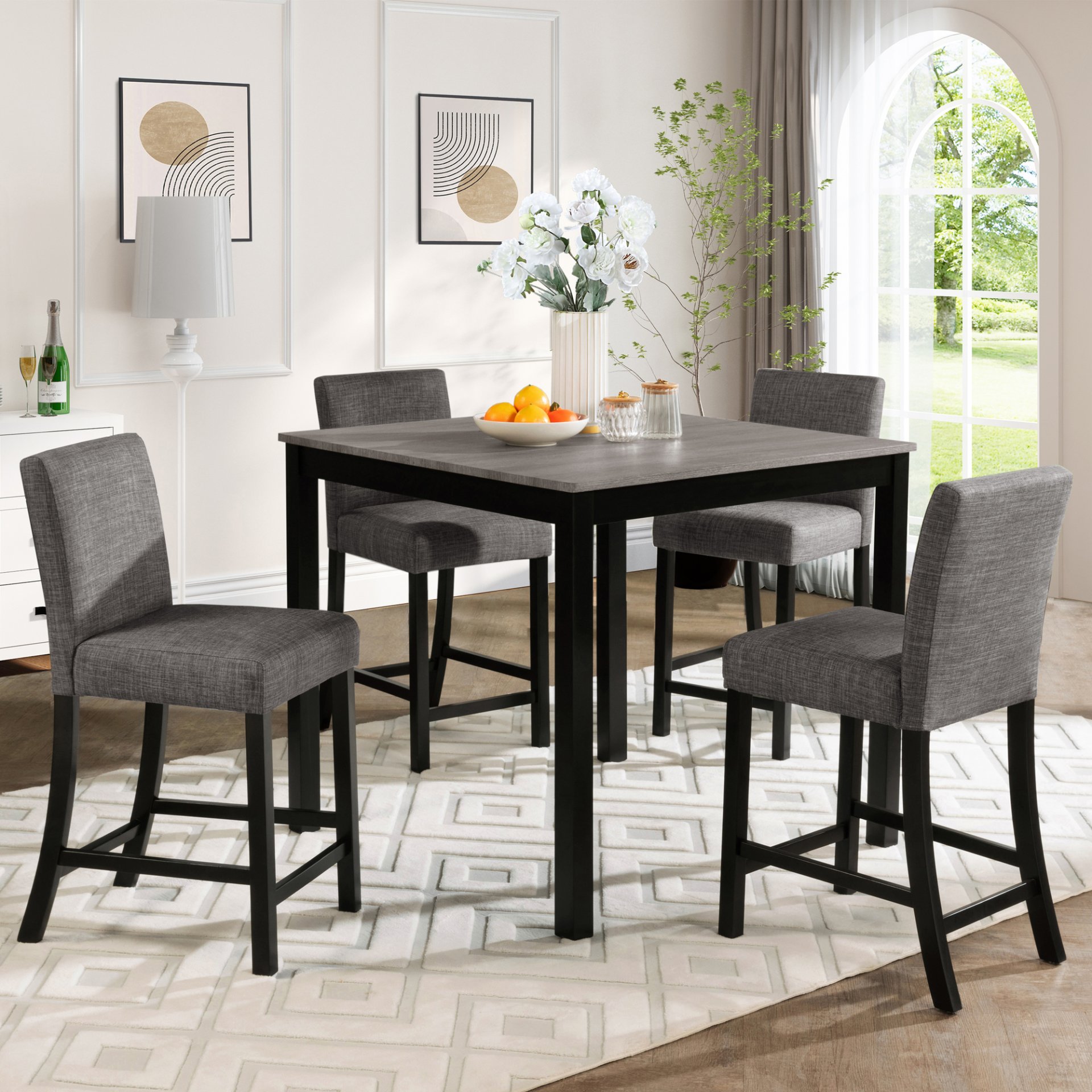2 Tone Wooden Table Set, Modern 5 Piece Counter Height Dining Set With 4 Chairs For Kitchen Or Dining Room - Light Gray / Black - Image 2