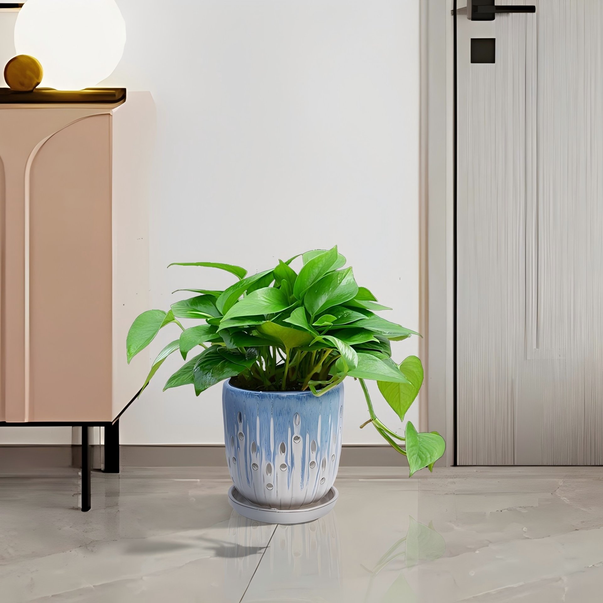 Ceramic Flowerpot With Drainage Hole, 8" Planter For Patio, Garden, Windowsill (Set of 2) - White / Blue - Image 4