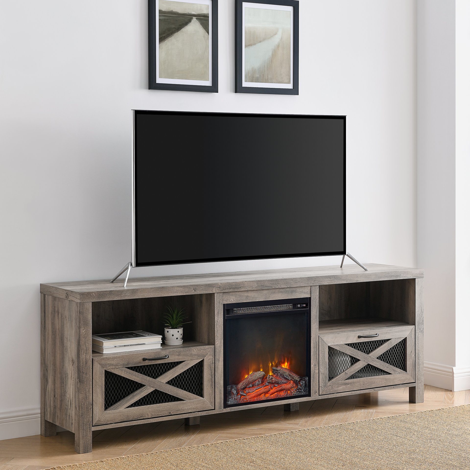 Industrial Farmhouse Metal Mesh Drop Down X Door 70" Fireplace TV Stand For 80" TVs - Gray Wash - Image 5