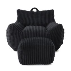 Giant Plush Bean Bag Chair For Adults With Armrests And Footstool - Black