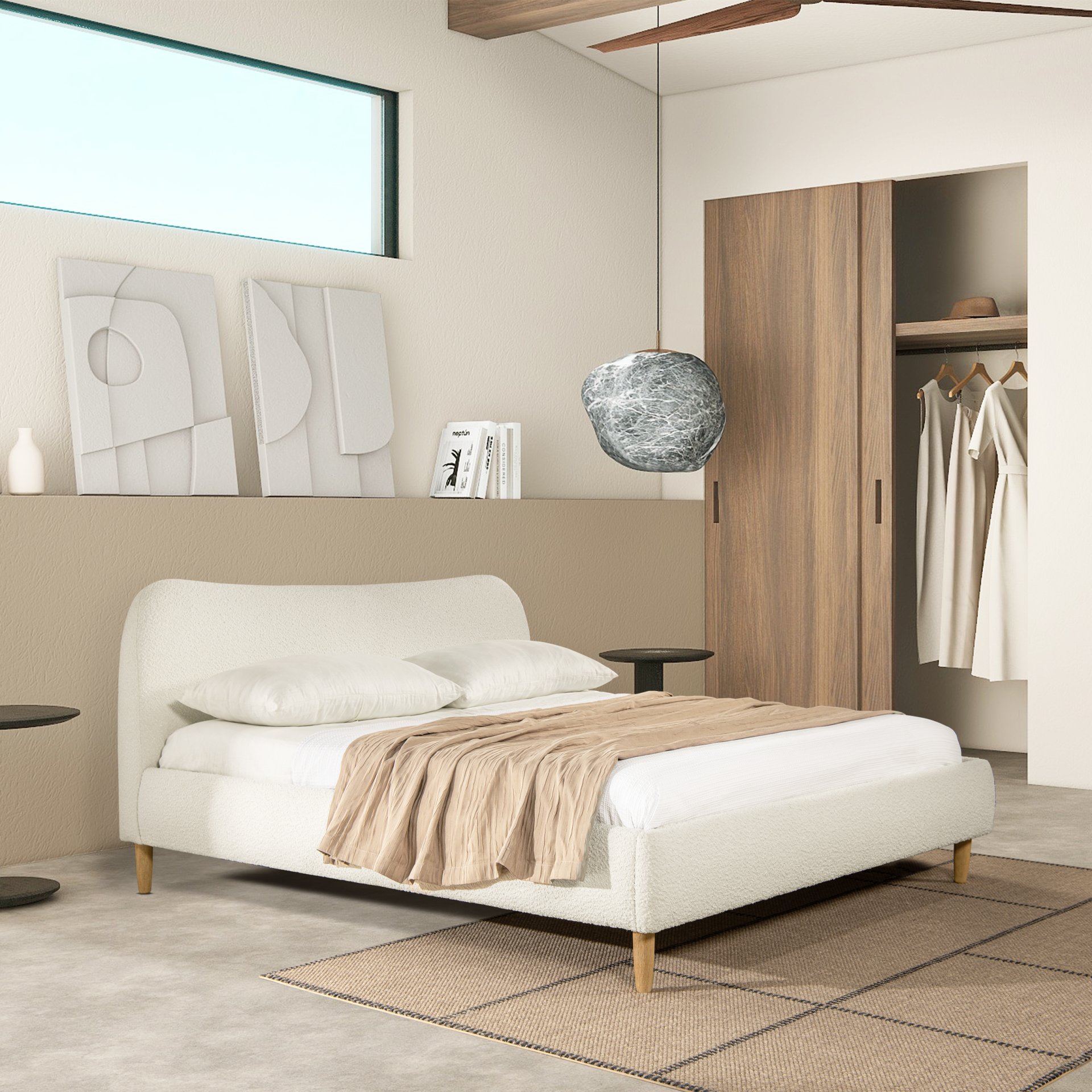 Roman - King Curved Headboard Upholstered Platform Bed - Ivory White - Image 6