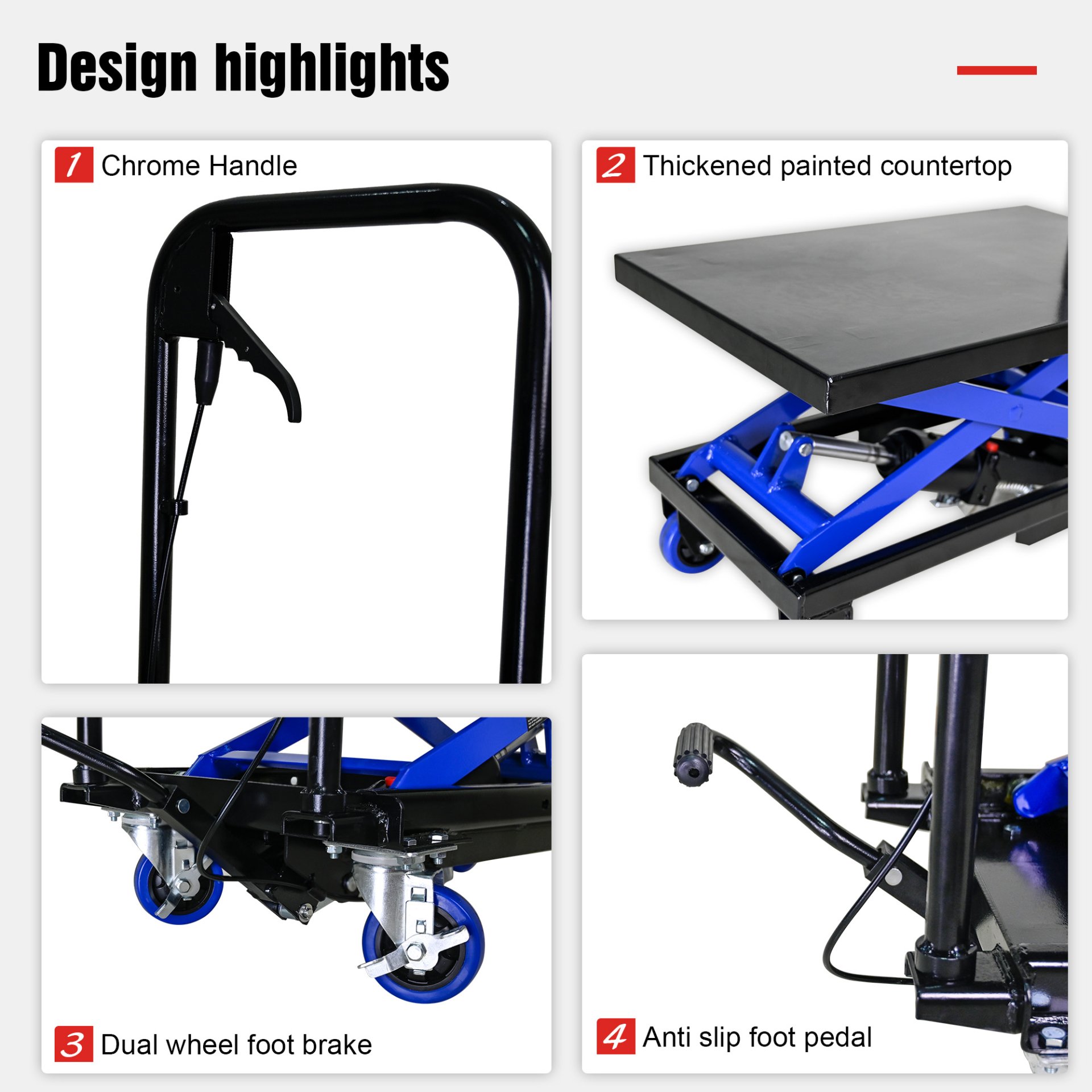 Hydraulic Lift Trolley, 500 Lbs Capacity, With 4 Wheels, For Material Handling And Transportation - Black / Blue - Image 9