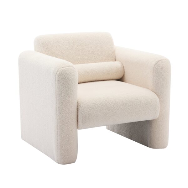 Modern Accent Chair Lambskin Sherpa Fabric Upholstered Comfy Reading Armchair With Pillow - Cream