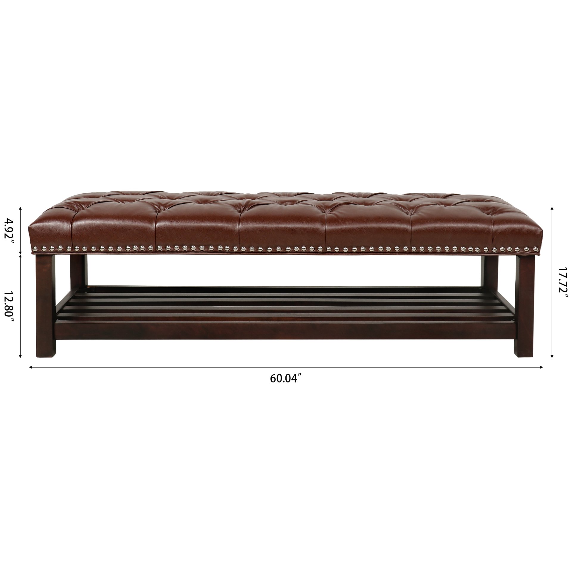 Bedroom End Of Bed Bench Tufted Upholstered End Of Bed Bench End Of Bed Entrance Shoe Bench, 60" With Nailhead Trim And Shelf Bedroom Upholstered Leather Bench Living Room Shoe Rack Footstool - Dark Brown - Image 3