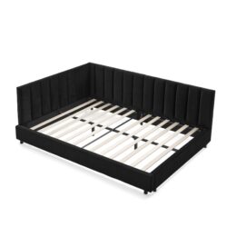 Mid Century Full Size Upholstered Tufted Bed Frame With Comfortable Backrest And Armrests Velvet - Black