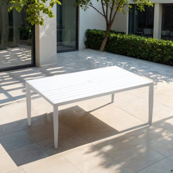 Outdoor Patio 2 Tone Table Top Rectangle Dining Table With Tapered Feet & Umbrella Hole - Matte White / Grayish