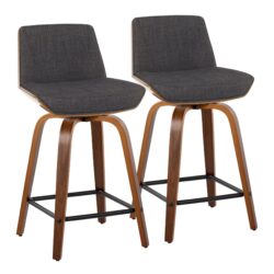 Corazza - Mid-Century Modern Fixed Height Counter Stool With Swivel And Square Footrest (Set of 2) - Walnut / Charcoal