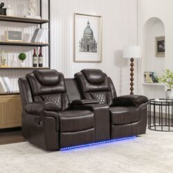 Home Theater Seating Manual Recliner Loveseat With Hide-Away Storage, Cup Holders And Led Light Strip For Living Room - Brown