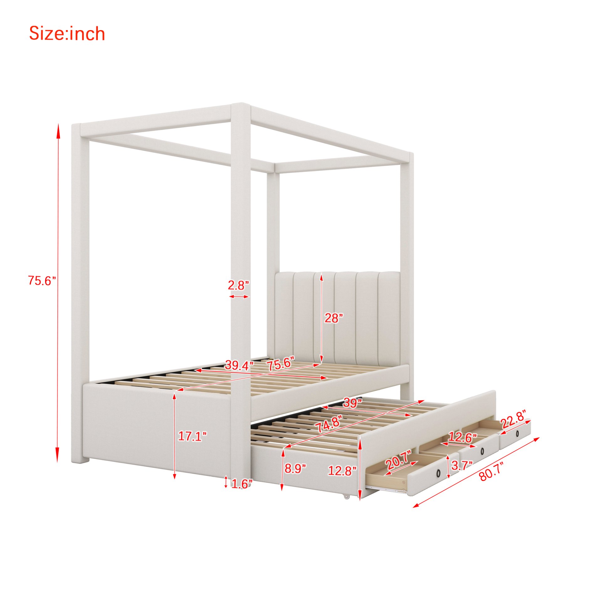 Twin Size Upholstery Canopy Platform Bed With Trundle And Three Storage Drawers - Beige - Image 3