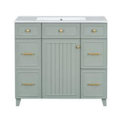 36" Bathroom Vanity With Sink, Soft Close Doors, Adjustable Shelves, And Hairdryer Storage - Green