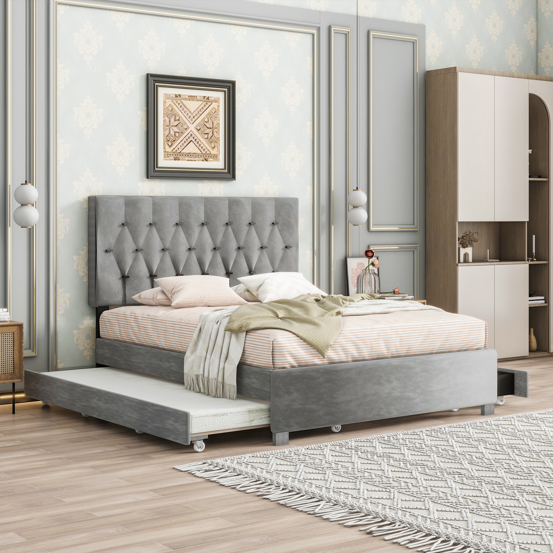 Queen Size Upholstered Trundle Bed With Storage Drawers, Pull Out Design, Space Saving, Sturdy Frame - Gray - Image 2