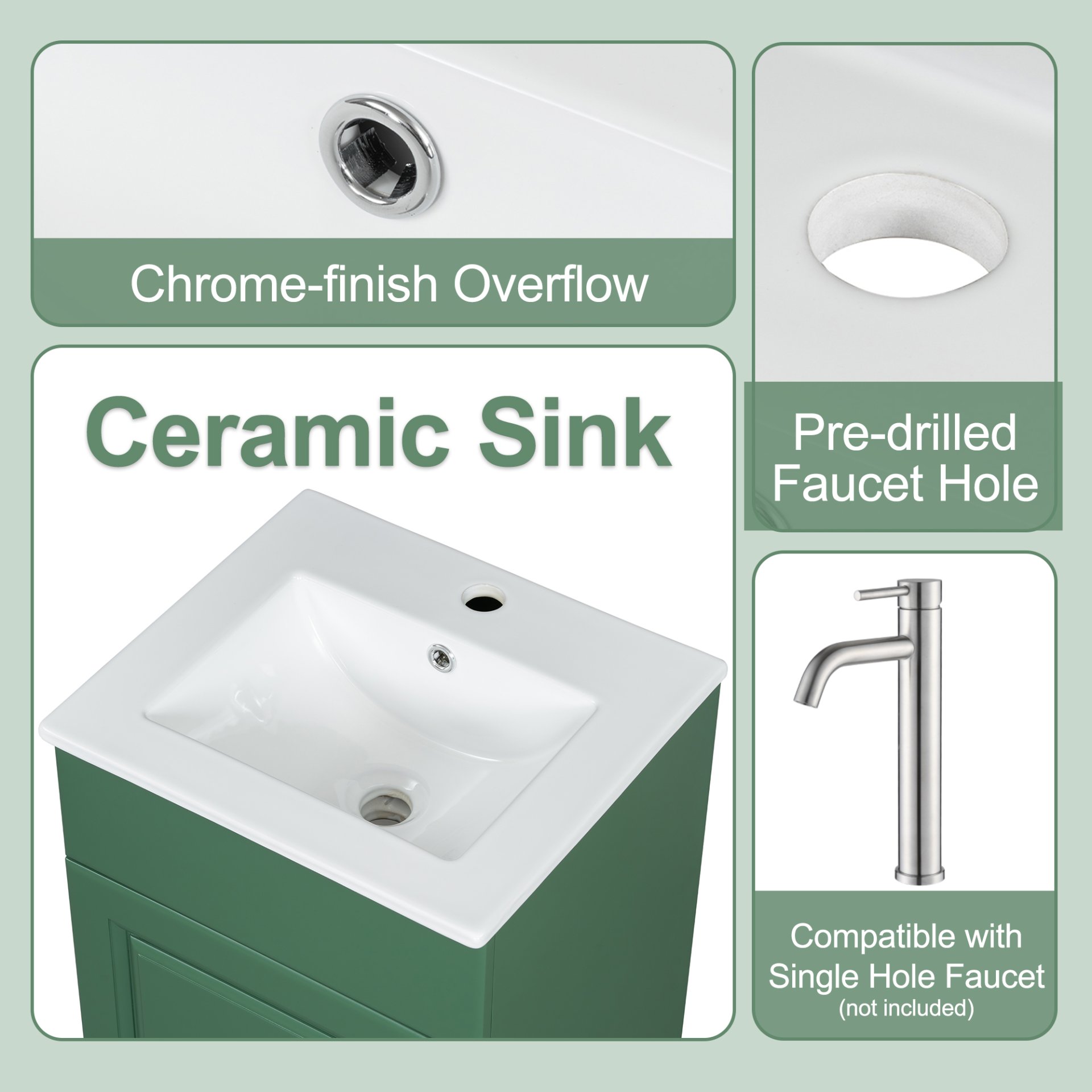 18" Bathroom Vanity With Sink, & Ceramic Cabinet With Adjustable Shelf - Green - Image 8
