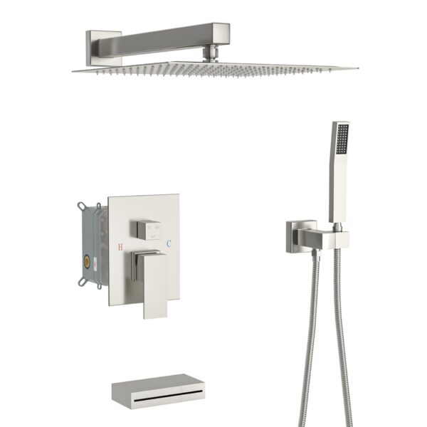 Square Shower System With Waterfall Tub Spout And Rough In Valve, Wall Mounted, Stainless Steel And Brass - Brushed Nickel