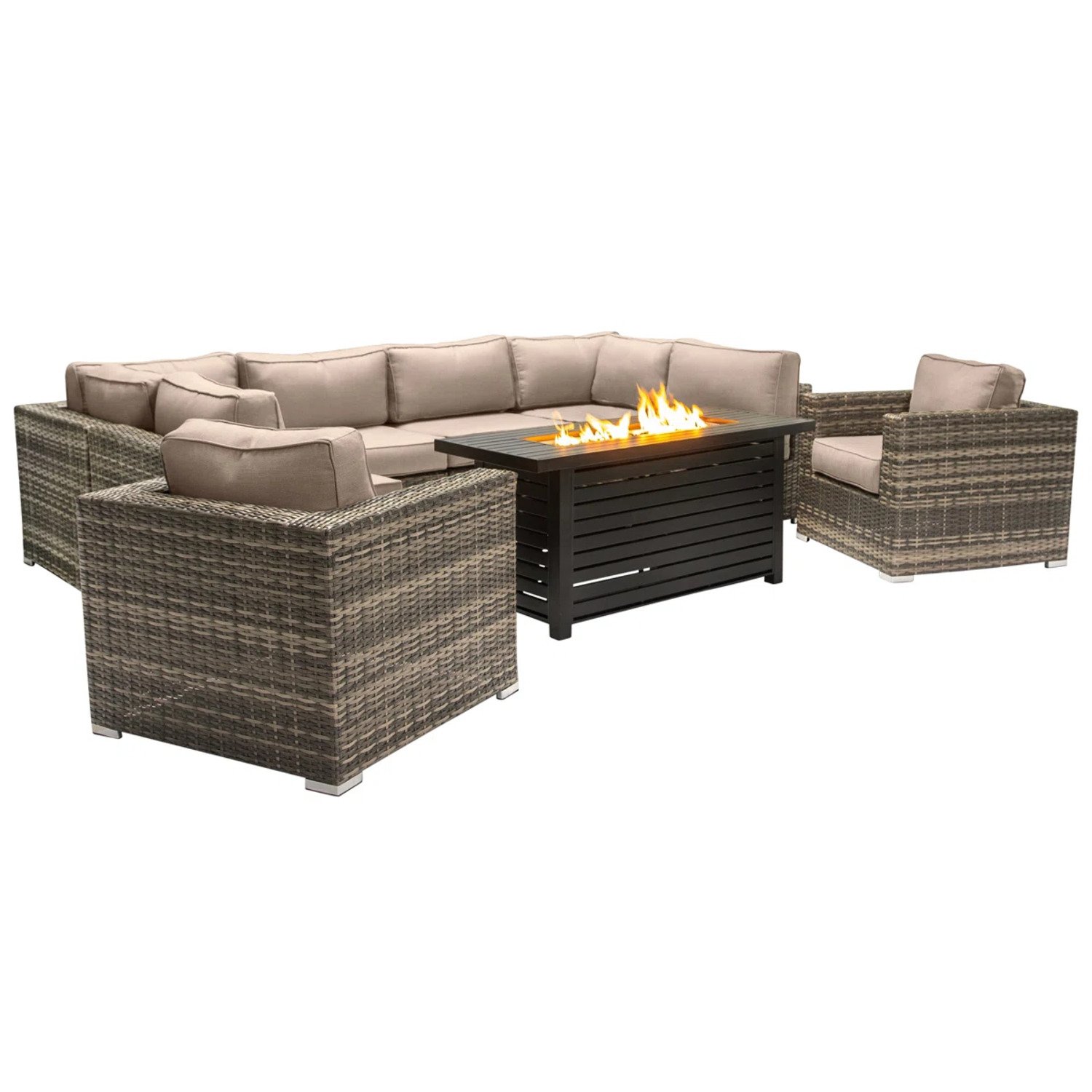 9 Piece Outdoor Sectional Set With Fire Pit Table And Cushions - Beige - Image 8
