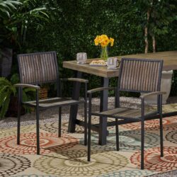Vermilion - Outdoor Dining Chair With Vertical Slat And Wooden Arm - Gray