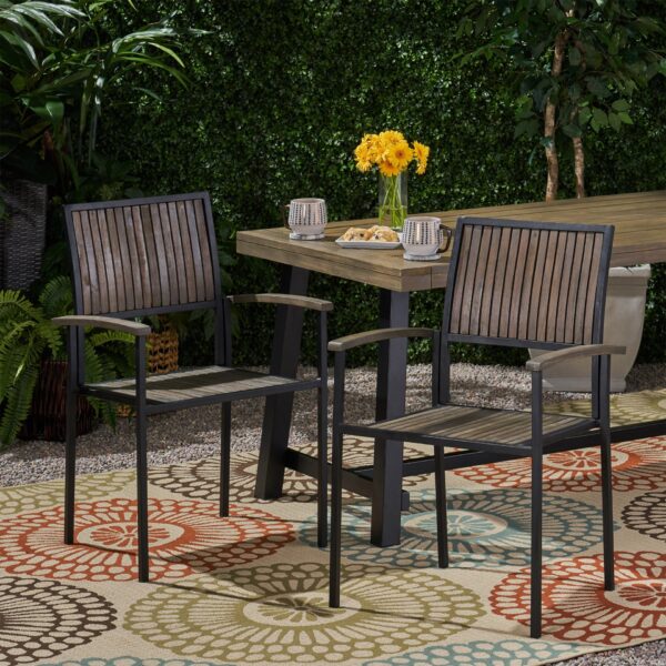 Vermilion - Outdoor Dining Chair With Vertical Slat And Wooden Arm - Gray