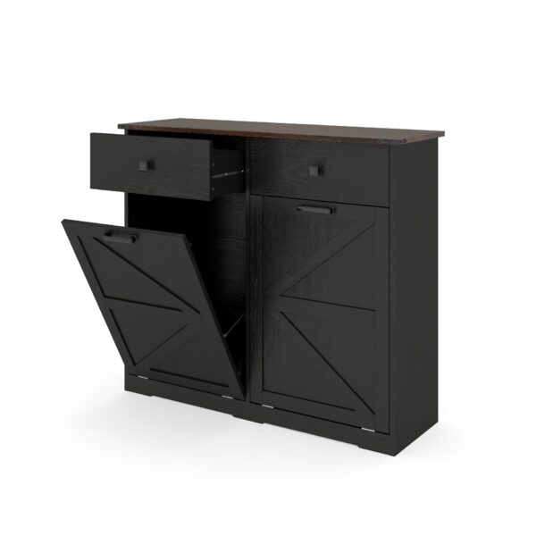 Double Tilt Out Trash Cabinet With Hideaway Drawer And Barn Door - Black