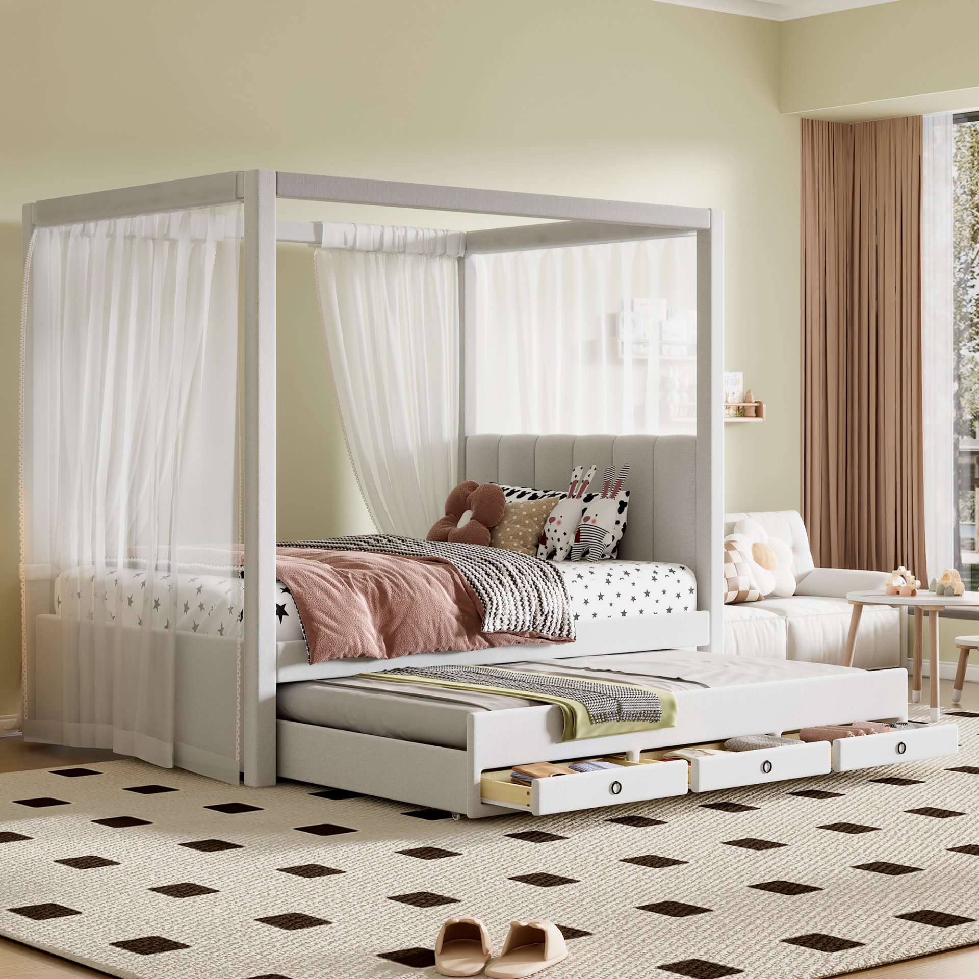 Twin Size Upholstery Canopy Platform Bed With Trundle And Three Storage Drawers - Beige - Image 2