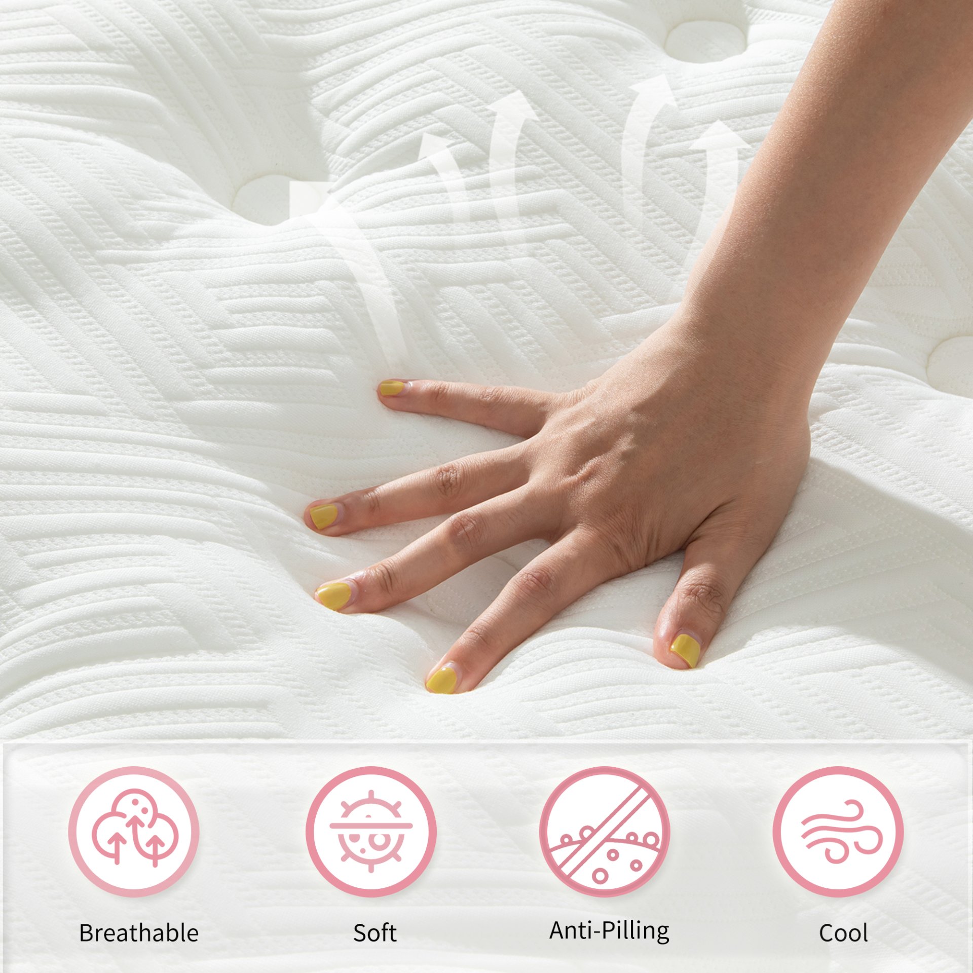 12" Full Size Hybrid Mattress 7 Zoned Individual Pocket Spring Memory Foam Cool Knitted Cover - Pink - Image 3
