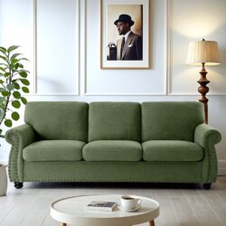 Soft Sofa, Upholstered 3 Seater Couch, Loose Back Cushions And Turned Legs - Green