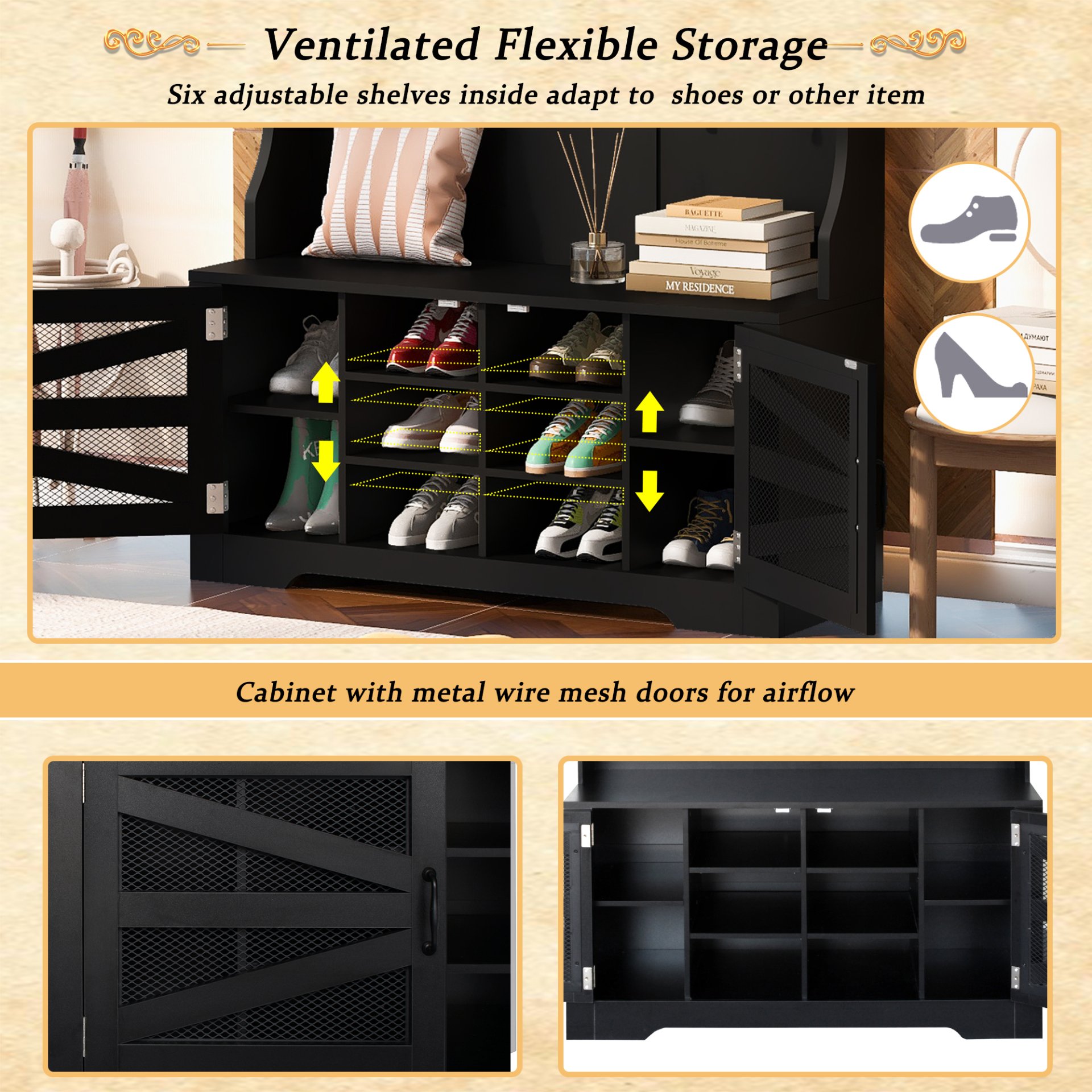 Entryway Bench With Coat Rack, 3 In 1 Design And Adjustable Shelves, Hall Tree With 7 Hooks For Entrance, Living Room - Black - Image 7