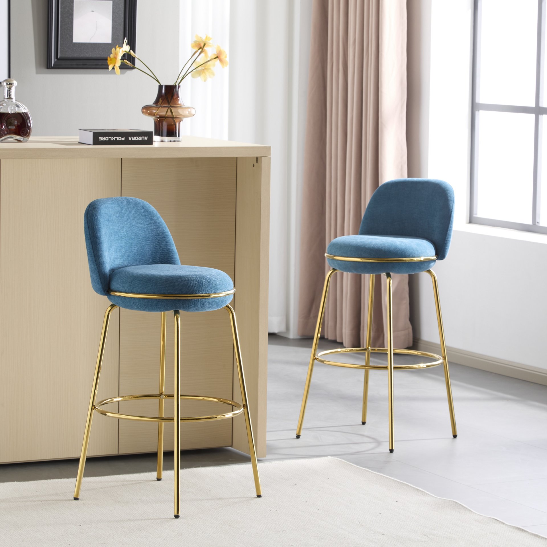 Rio Claro - Indoor Metal Upholstered Barstool Upholstery (Set of 2) - Gold / Blue - Image 2