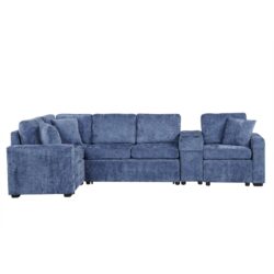 L Shaped Convertible Sofa Bed With Pull Out Bed, Cup Holders, And Storage Space - Blue
