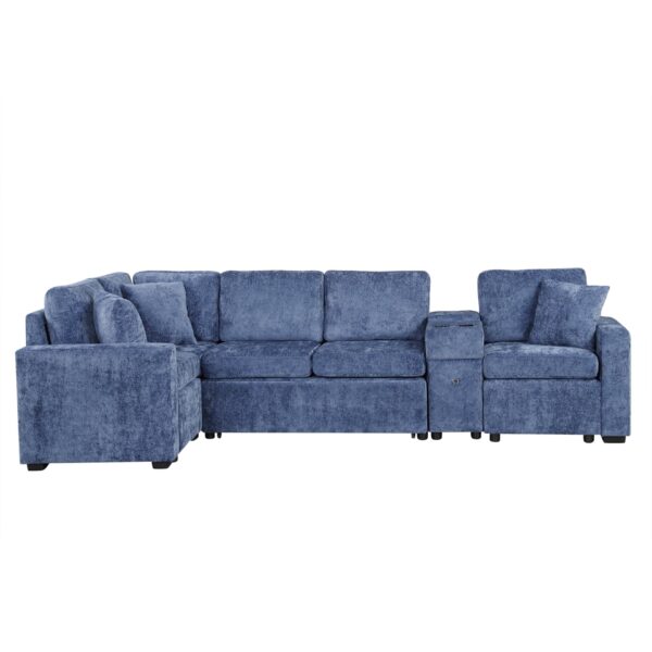 L Shaped Convertible Sofa Bed With Pull Out Bed, Cup Holders, And Storage Space - Blue