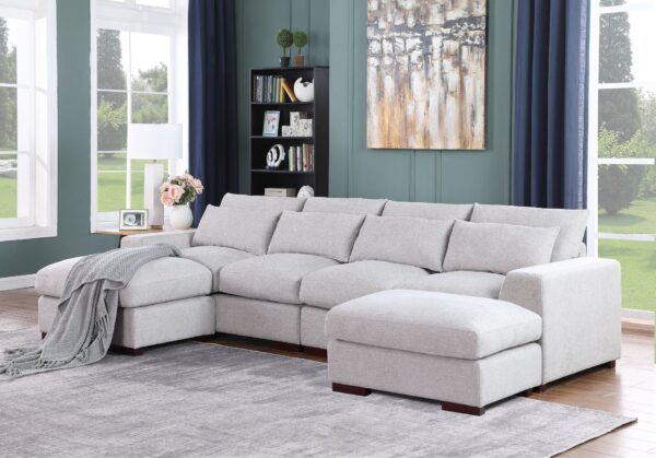 Tatman - Linen Blend Sectional With 2 Ottomans - Light Gray